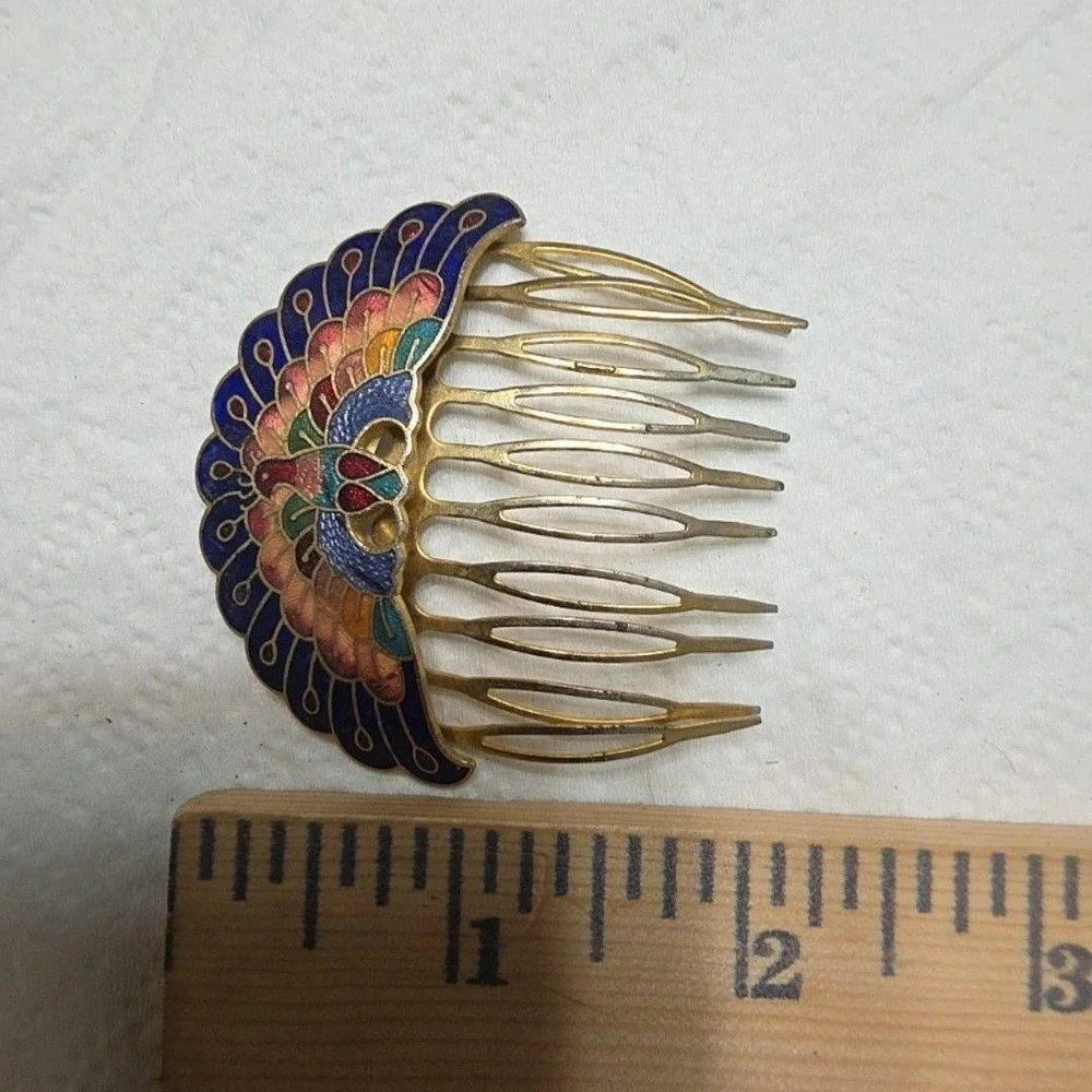 Brass Hair Comb Peacock Enamel Multicolor Bird 2.5 In Boho Hair Jewelry